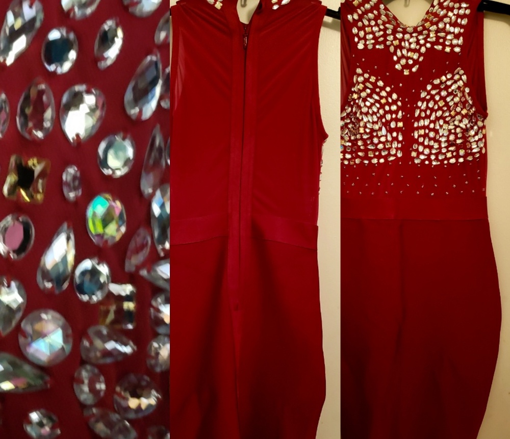 Heavily jeweled red bandage dress